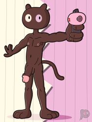 2022 anthro cartoon_network colored cookie_cat_(steven_universe) digital_drawing_(artwork) digital_media_(artwork) domestic_cat felid feline felis fur hi_res holding_object holding_weapon lewdware male mammal nipples nude pattern_background shaded signature simple_background solo steven_universe weapon