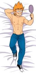 1boy abs body_pillow breasts dakimakura dakimakura_design eddsworld eli_johnson freckles half_naked male male_only matt matt_(eddsworld) mirror muscles muscular_male no_visible_genitalia noseless orange_hair pants pecs smooth_skinned_male solo yaoi