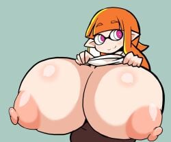 1girls big_breasts blush breasts erect_nipples female female_only humanoid inkling inkling_girl nintendo nipples no_bra petronoise shirt shirt_lift splatoon squid