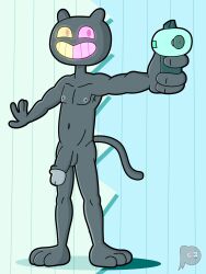 2022 anthro bulge cartoon_network clothed clothing colored cookie_cat_(steven_universe) digital_drawing_(artwork) digital_media_(artwork) domestic_cat felid feline felis fur hi_res holding_object holding_weapon male mammal nipples nude pattern_background shaded signature simple_background smile smiley_face solo steven_universe swimwear weapon