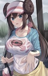 1girls amagi_korona blush bra pink_bra pokemon rain rosa_(pokemon) skirt wet_clothes wet_shirt