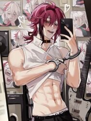 2boys abs blush bound_wrists choker cuppydraws electric_guitar fender_jazzmaster genshin_impact guitar handcuffs heart kaedehara_kazuha licking_lips male male/male male_only mouth_piercing phone piercing poster red_hair selfie shikanoin_heizou shirt shirt_lift toned yaoi