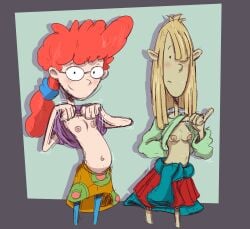 2girls blonde_hair blush breasts clothed clothes_lift disney disney_channel female female_only flashing flashing_breasts glasses jodero lifted_by_self long_hair looking_at_viewer multiple_girls nicky_anais_little nipples pepper_ann pepper_ann_pearson red_hair rough_sketch small_breasts smile standing toon_disney