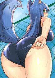 adjusting_clothes adjusting_swimsuit animal_ear_fluff animal_ears ass blue_hair blue_swimsuit breasts chain-link_fence cloud female female fence fox_ears fox_girl fox_tail from_behind from_below fuyubare_kiyo green_eyes highres kyu_(wein-seria) leaning_forward long_hair looking_back one-piece_swimsuit open_mouth original outdoors school_swimsuit sketch sky solo swimsuit tail thighs