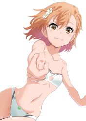 1girls 2020 :3 bare_shoulders bare_thighs bikini blush breasts brown_eyes brown_hair brunette collarbone gekota gekota_swuimsuit ginmaru hair_flower hair_ornament hips human midriff misaka_mikoto navel short_hair small_breasts smile solo solo_female swimsuit teenage_girl teenager thighs to_aru_kagaku_no_railgun to_aru_majutsu_no_index white_background wide_hips young