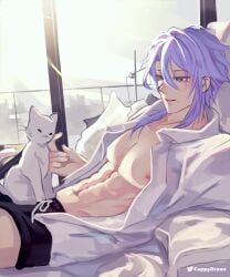 1boy abs bedroom bishonen blue_hair boxers cuppydraws feline genshin_impact kamisato_ayato lying male male_only mole mole_under_mouth nipples on_bed open_clothes pillow pretty_boy smile toned underwear window