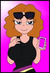 1girls areolae_visible_through_clothing big_areola big_breasts blue_eyes drink ferozyraptor hand_on_breast melissa_chase milo_murphy's_law naughty_face naughty_smile nipples_visible_through_clothing orange_hair straight_hair sunglasses_on_head swimsuit