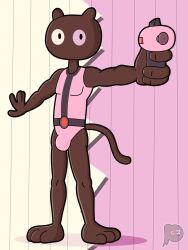 2022 anthro belt bulge cartoon_network clothed clothing colored cookie_cat_(steven_universe) digital_drawing_(artwork) digital_media_(artwork) domestic_cat felid feline felis fur hi_res holding_object holding_weapon male mammal pattern_background shaded signature simple_background solo steven_universe weapon