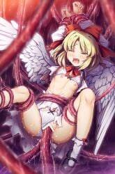 arms_up bar_censor black_footwear blonde_hair blush bound bound_wrists bow bra bra_lift breasts censored chima_q clothed_rape clothing_aside commentary commission feathered_wings female gengetsu hairbow highres long_sleeves nipples one_eye_closed panties panties_aside rape red_bow restrained saliva shirt shoes short_hair skeb_commission skirt small_breasts socks solo suspension tears tentacle tentacle_sex title torn_clothes torn_shirt torn_skirt touhou underwear vaginal_penetration white_bra white_footwear white_hair white_panties white_skirt white_wings wince wings yellow_eyes