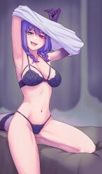 1girls bed big_breasts bra dragon_girl heterochromia kusamori_(grassforest000) light-skinned_female light_skin lingerie midriff nijisanji nijisanji_en panties purple_hair selen_tatsuki shirt_lift taking_clothes_off virtual_youtuber