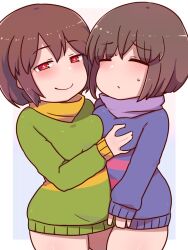 blue_shirt brown_hair chara closed_eyes frisk goodbad963 green_shirt red_eyes short_hair undertale undertale_(series) white_skin yuri