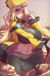 1girls athletic_female big_breasts blonde_hair blue_eyes clothing female female_only guilty_gear guilty_gear_strive himmely light-skinned_female light_skin millia_rage navel nipple_bulge