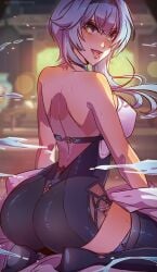 1girls ass ass_focus big_ass eula_(genshin_impact) female female_only genshin_impact himmely kneeling light-skinned_female light_skin looking_at_viewer looking_back mihoyo nipple_bulge solo