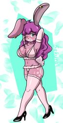 anthro blue_eyes blush bunny_ears bunny_girl furry heels high_heels lanzort1 large_breasts lingerie piercing piercings pink_fur purple_hair sakura_(gaminggryff) wink winking