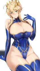 ahoge artoria_pendragon artoria_pendragon_(fate) artoria_pendragon_(lancer) artoria_pendragon_(lancer)_(fate) artoria_pendragon_(swimsuit_ruler) bare_shoulders big_breasts blonde_hair blue_gloves blue_legwear blue_leotard braid breasts cleavage cleavage_cutout clothing_cutout covered_navel crown elbow_gloves eyebrows_visible_through_hair fanning fate/grand_order fate_(series) female french_braid gloves green_eyes hair_between_eyes highleg highleg_leotard hourglass_figure huge_breasts kumakichi_(cost-lost) large_breasts leotard long_hair looking_at_viewer midriff milf navel nipple_bulge sidelocks sitting solo stomach thick_thighs thighhighs thighs voluptuous wide_hips