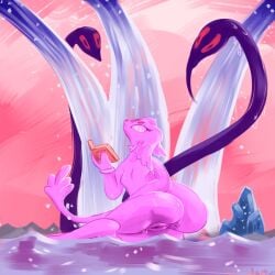 anthro ass being_watched book darthzz_(artist) female flat_chested goo_creature hi_res looking_at_another looking_at_viewer nude partially_submerged pink_body pink_sky presenting presenting_hindquarters purple_body raised_tail reading red_eyes solo thick_thighs water wet zizz_(darthzz)