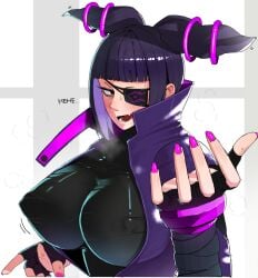 1girls bangs black_hair blunt_bangs blush breath drill_hair eye_patch female female_only fingerless_gloves fully_clothed gloves hehe human juri_han latex nail_polish nipple_bulge ohasi open_mouth open_smile painted_nails perky_breasts pink_nails sidelocks skin_tight smile smirk solo street_fighter sweat twin_drills upper_body