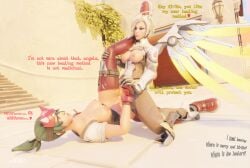 2girls 3d 3d_(artwork) blizzard_entertainment blue_eyes blue_eyes_female breasts brown_hair brown_hair_female english_dialogue english_text female_only genji green_hair green_hair_female jdv kiriko_(overwatch) lesbian_sex mercy ninja no_bra no_panties outside overwatch overwatch_2 partially_clothed pussy_juice scissoring sex text vaginal_sex yuri