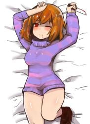 blue_shirt brown_hair closed_eye female frisk frisk_undertale goodbad963 short_hair undertale undertale_(series) white_skin