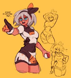 alternate_breast_size bea_(pokemon) big_breasts blue_eyes breasts dark-skinned_female dark_skin female large_breasts open_mouth pokemon pokemon_ss tank_top thick_thighs white_hair wide_hips widisu yellow_background