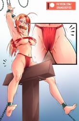 ahoge ankle_cuffs armpits arms_above_head arms_up barefoot bit_gag bondage breast_squeeze breasts chained chains close-up cuff_(restraint) cuffs female femsub fundoshi gag glasses hana_to_hebi hasegawa_chisame highleg hip_focus leg_cuffs lips lipstick looking_at_viewer mahou_sensei_negima mahou_sensei_negima! manacles medium_breasts navel nipples nude orange_hair orangeboy_88 panties parody ponytail red_eyes red_fundoshi restrained ribbon_bondage ribbons scene_reference shackles sitting spread_legs teeth thighs trembling wooden_horse wrist_cuffs