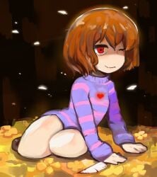 blue_shirt brown_hair closed_eye female frisk frisk_undertale goodbad963 short_hair undertale undertale_(series) white_skin