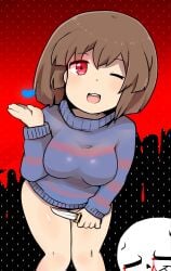 blue_shirt brown_hair closed_eye female frisk frisk_undertale goodbad963 heart holding_knife knife one_eye_closed red_eyes sans short_hair striped_shirt undertale undertale_(series) white_skin