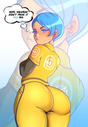 1girls artist_request ass back_view big_ass blue_eyes blue_hair bubble_butt bulma_briefs bulma_briefs_(dragon_ball_super_superhero) bulma_briefs_(jumpsuit) bulma_briefs_(superhero) dat_ass dragon_ball dragon_ball_super dragon_ball_super_super_hero