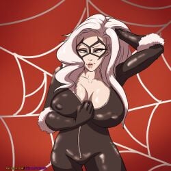 1girls 2022 black_cat_(marvel) digital_media_(artwork) felicia_hardy latex latex_bodysuit marvel nipples_visible_through_clothing silverfishnsfw spider-man_(series) white_hair