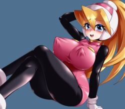 1girls big_ass big_breasts blonde_hair blue_eyes blush ciel_(mega_man) clothed clothing erect_nipples erect_nipples_under_clothes female helmet large_breasts mega_man mega_man_x_dive mega_man_zero nipple_bulge pony_tail semikichi smile solo tagme