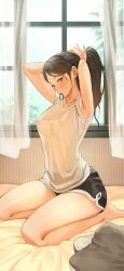 1girls 2d big_breasts black_hair black_shorts female female_only hairband jagaimo jpeg kkamja light-skinned_female light_skin nipples no_bra pale-skinned_female pale_skin pink_nipples ponytail see-through see-through_clothing sitting_on_bed solo yoo_sena