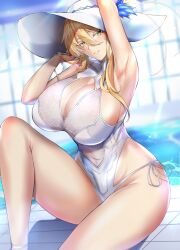 arm_behind_head arm_up armpits artoria_pendragon artoria_pendragon_(all) artoria_pendragon_(swimsuit_ruler) artoria_pendragon_(swimsuit_ruler)_(second_ascension)_(fate) bangs bare_shoulders big_breasts blonde_hair blush bottomless breasts cleavage cleavage_cutout clothing_cutout covered_navel fate/grand_order fate_(series) female green_eyes hair_between_eyes hat highleg highleg_swimsuit hourglass_figure huge_breasts knee_up kumakichi_(cost-lost) large_breasts long_hair looking_at_viewer one-piece_swimsuit parted_lips revealing_clothes showing_armpits showing_off sidelocks sitting smile sun_hat swimsuit thighs voluptuous white_headwear white_swimsuit wide_hips