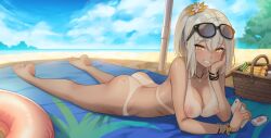 beach big_breasts blush breasts cona_ember eyewear_on_head jagaimo kkamja looking_at_viewer naked nipples original original_character outdoors smartphone sunglasses sunglasses_on_head tan tan_lines tan_skin tanned tanned_female tanned_skin towel white_hair