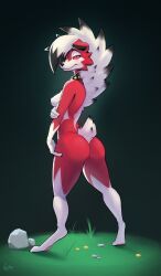 1girls big_ass blush breasts bubble_butt collar female female_only furry hi_res looking_at_viewer looking_back lycanroc midnight_lycanroc narley narrowed_eyes pink_eyes pokémon_(species) pokemon slit_pupils snout solo solo_female tail