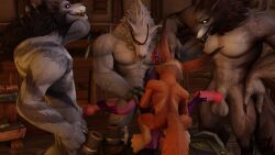 anal anthro blizzard_entertainment bodily_fluids canid fellatio genital_fluids girly group group_sex handjob hi_res humanoid male male/male mammal oral orgy penile perromalo precum sex ta'lesy video_games vulpera warcraft were werecanid worgen