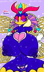 antennae_(anatomy) anthro areola arthropod bee big_breasts blue_nipples bodily_fluids breasts english_text female genital_fluids genitals half-closed_eyes hi_res huge_breasts hymenopteran hyper hyper_breasts insects kirby_(series) kirby_triple_deluxe lewdchuu_(artist) multicolored_body narrowed_eyes navel nintendo nipples non-mammal_breasts nude pussy pussy_juice queen_sectonia solo text two_tone_body video_games wings