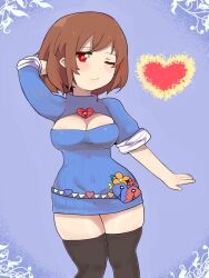 alternate_costume alternate_outfit black_legwear black_thighhighs blue_shirt brown_hair cleavage closed_eyes female female_human female_only frisk frisk_undertale goodbad963 hand_behind_head heart one_eye_closed red_eyes short_hair solo solo_female thighhighs undertale undertale_(series) white_skin