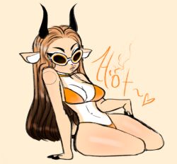 animal_ears animal_tail anthro bikini black_fingers breasts brown_hair choker cleavage gazelle giselle_(ohthesunnyside) heart horns hourglass_figure leaning_back leaning_on_arm long_hair midriff navel ohthesunnyside plump_lips sitting sunglasses tan_background tan_fur text thick_thighs thighs