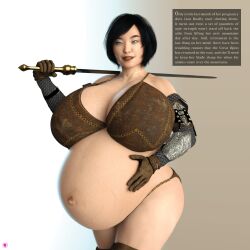 1girls 2020 3d abs asian asian_female big_belly black_hair blue_eyes breasts_bigger_than_body breasts_bigger_than_head dungeons_and_dragons english_text female female_only gradient_background holding_object holding_sword holding_weapon huge_breasts hyper_pregnancy pregnant short_hair slushe_(website) solo solo_female standing sword thirty