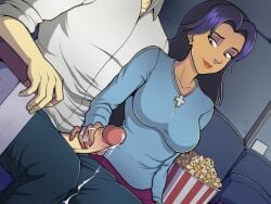 1boy 1girls black_hair brown_skin cinema clothed clothed_sex cross_necklace cum handjob lazy_tarts milf movie_theater partial_male penis_out popcorn public_sex somka108 stealth_handjob susan_vandom w.i.t.c.h.