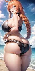 ai_generated animal_ears ass ass_cleavage beach bikini blue_eyes blush breasts butt_crack hi_res horse_girl huge_ass huge_breasts long_hair nai_diffusion plump ponytail skindentation stable_diffusion super_creek_(umamusume) thick_thighs umamusume wide_hips