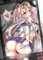 ass ass_grab bangs black_panties black_ribbon blonde_hair cellphone cosplay crop_top elbow_gloves eyebrows_visible_through_hair female from_behind giraffe_(ilconte) gloves grabbing_own_ass hair_ornament hair_ribbon hairband hairclip heart highleg highleg_panties highres kantai_collection long_hair looking_at_viewer looking_back midriff open_mouth panties phone red_eyes ribbon scarf shimakaze_(kantai_collection) shimakaze_(kantai_collection)_(cosplay) smartphone solo spoken_heart taking_picture thighhighs underwear white_gloves white_scarf yuudachi_(kantai_collection)