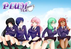 5futas aika_hoshida_(plum_tea) amber_eyes bangs black_hair black_legwear blue_eyes blue_hair bulge cat_ears dark_skin fumiko_fujimoto_(plum_tea) futanari glasses green_eyes green_hair kneeling long_hair misaki_(plum_tea) nekomimi orange_hair panties penis pink_hair plum_tea red_eyes rei_yukimura_(plum_tea) saintxtail school_uniform schoolgirl short_hair sitting skirt_up sky suzu_(plum_tea)