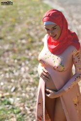 1girls 2020 3d depth_of_field female female_only hijab losekorntrol outdoors outside panties pregnant slushe_(website) smile solo solo_female straight viewed_from_above white_panties