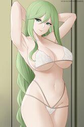 1girls armpits arms_above_head arms_behind_head arms_up aslindsamure big_breasts bra braid braided_hair braided_ponytail breasts collarbone edens_zero female female_focus female_only green_eyes green_hair lingerie long_hair long_ponytail looking_at_viewer panties ponytail sideboob solo solo_female solo_focus standing underboob very_long_hair witch_regret