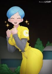 1girls ass big_ass blue_hair breasts bulma_briefs dragon_ball dragon_ball_super dragon_ball_super_super_hero flytrapxx mechanic overalls smiling yellow_overalls