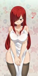 apron big_breasts erza_scarlet fairy_tail gaston18 looking_down red_hair shy solo