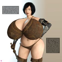 1girls 2020 3d abs asian asian_female big_belly black_hair blue_eyes breasts_bigger_than_body breasts_bigger_than_head dungeons_and_dragons english_text female female_only gradient_background holding_object holding_sword holding_weapon huge_breasts hyper_pregnancy short_hair slushe_(website) solo solo_female standing sword thirty