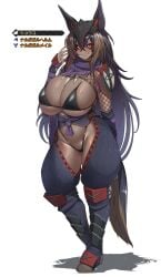 1girls animal_ears brown_hair canyne dark-skinned_female dark_skin dog_girl female female_focus female_only full_body humanized japanese_text konoshige_(ryuun) monster_hunter nargacuga_(armor) red_eyes ryuun_(stiil) slutty_outfit solo solo_female solo_focus standing tail text translated