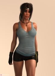 1girls 2021 3d belit clothed clothing fanart female female_only fingerless_gloves gloves lara_croft lara_croft_(survivor) large_breasts no_bra see-through see-through_clothing see-through_top shorts slushe_(website) solid_color_background solo solo_female standing tank_top tomb_raider